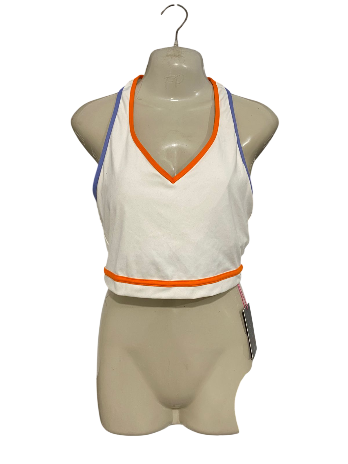 SOUTH BEACH |M| BUST 15| A28| WHITE, ORANGE & PURPLE TRIM ATHLETIC SPORTS BRA / CROP TOP