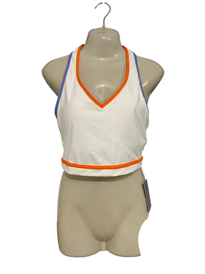 SOUTH BEACH |M| BUST 15| A28| WHITE, ORANGE & PURPLE TRIM ATHLETIC SPORTS BRA / CROP TOP