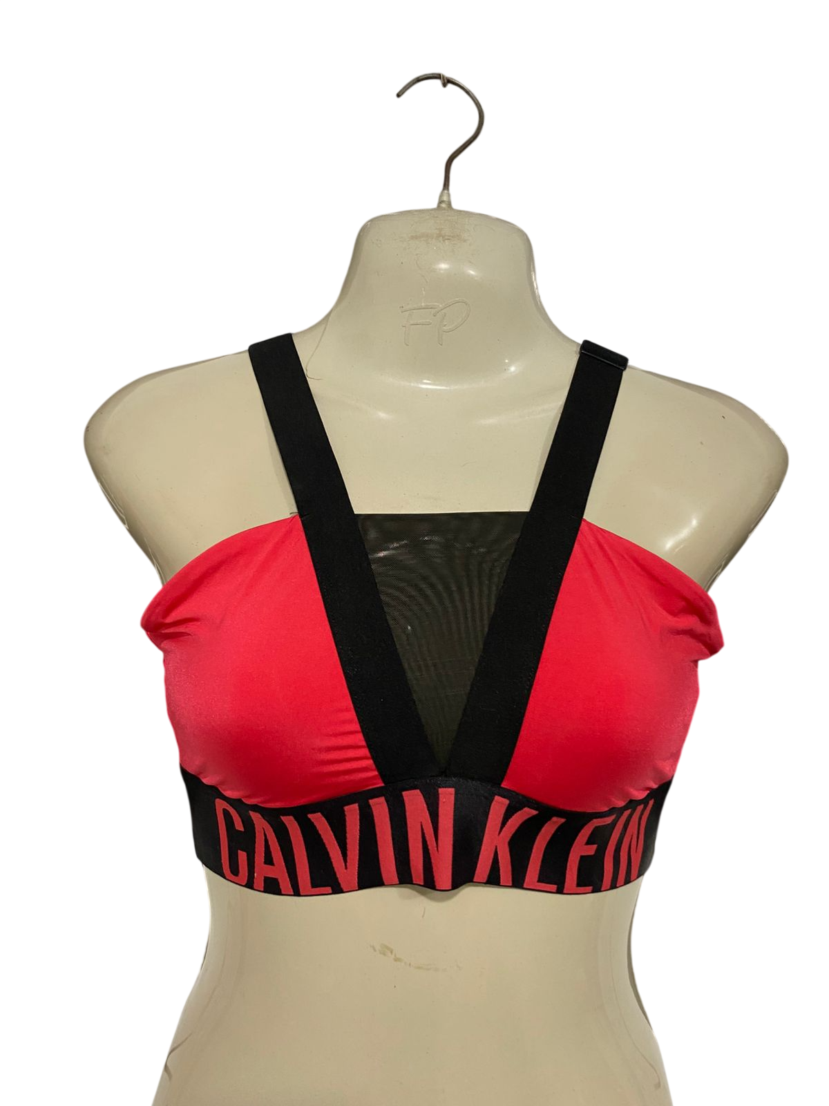 CALVIN KLEIN |L| BUST 14| A28| RED & BLACK MESH-ACCENT BRANDED ATHLETIC SPORTS BRA / CROP TOP