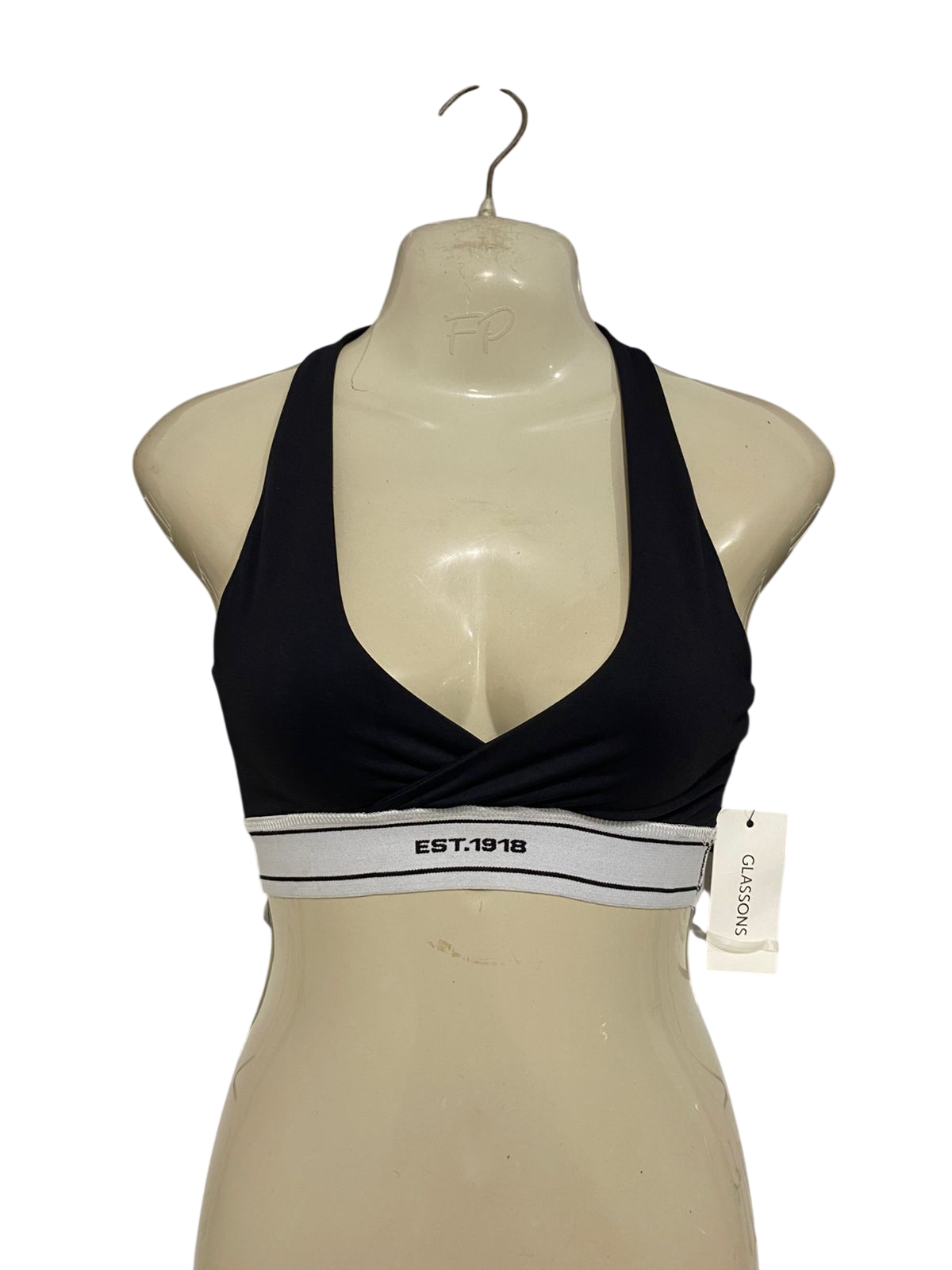 GLASSONS |XS| BUST 11| A28| BLACK V-NECK BRANDED ELASTIC-BAND SPORTS BRA / CROP TOP