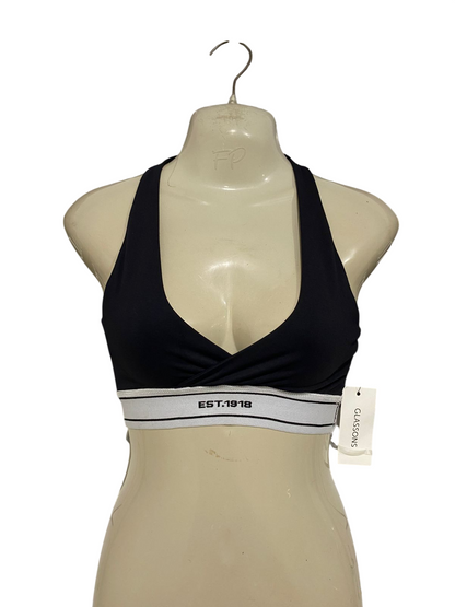 GLASSONS |XS| BUST 11| A28| BLACK V-NECK BRANDED ELASTIC-BAND SPORTS BRA / CROP TOP