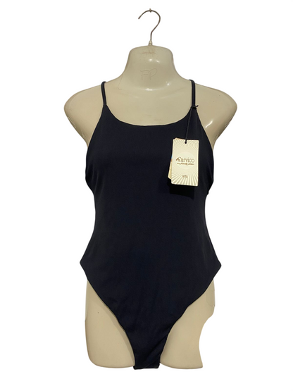 CARVICO |S| BUST 15| A28| CLASSIC BLACK RIBBED SCOOP-NECK ONE-PIECE SWIMSUIT / BODYSUIT