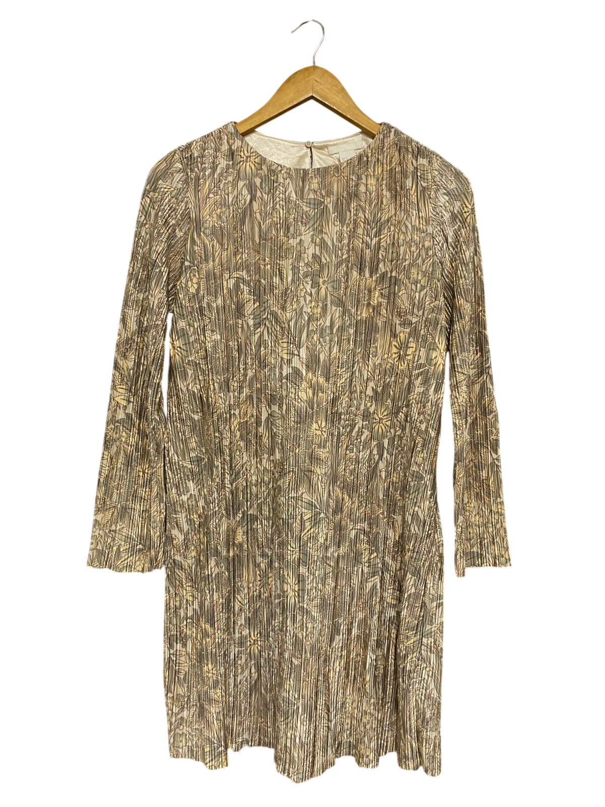 H&M |S| BUST 17| A28| GOLDEN BROWN & OLIVE FLORAL PLEATED LONG-SLEEVE MINI DRESS