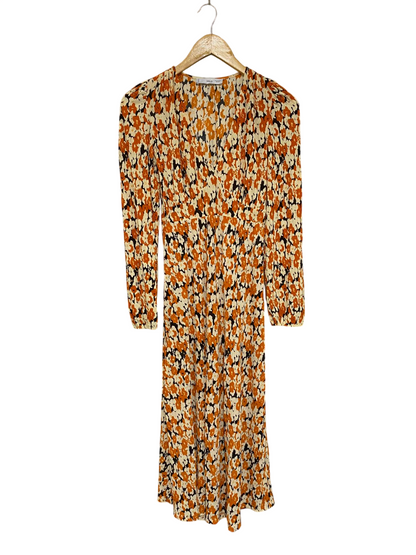 MNG |XS| BUST 13| A28| RUST ORANGE & CREAM FLORAL V-NECK LONG-SLEEVE MIDI DRESS