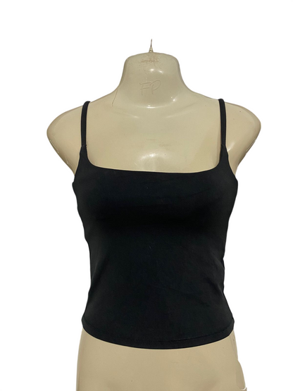 E E |XS| BUST 12| A29| CLASSIC BLACK SQUARE-NECK SPAGHETTI STRAP CROP TOP