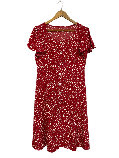 |L| BUST 19| A29| RED & WHITE HEART PRINT BUTTON-FRONT SHORT-SLEEVE MIDI DRESS