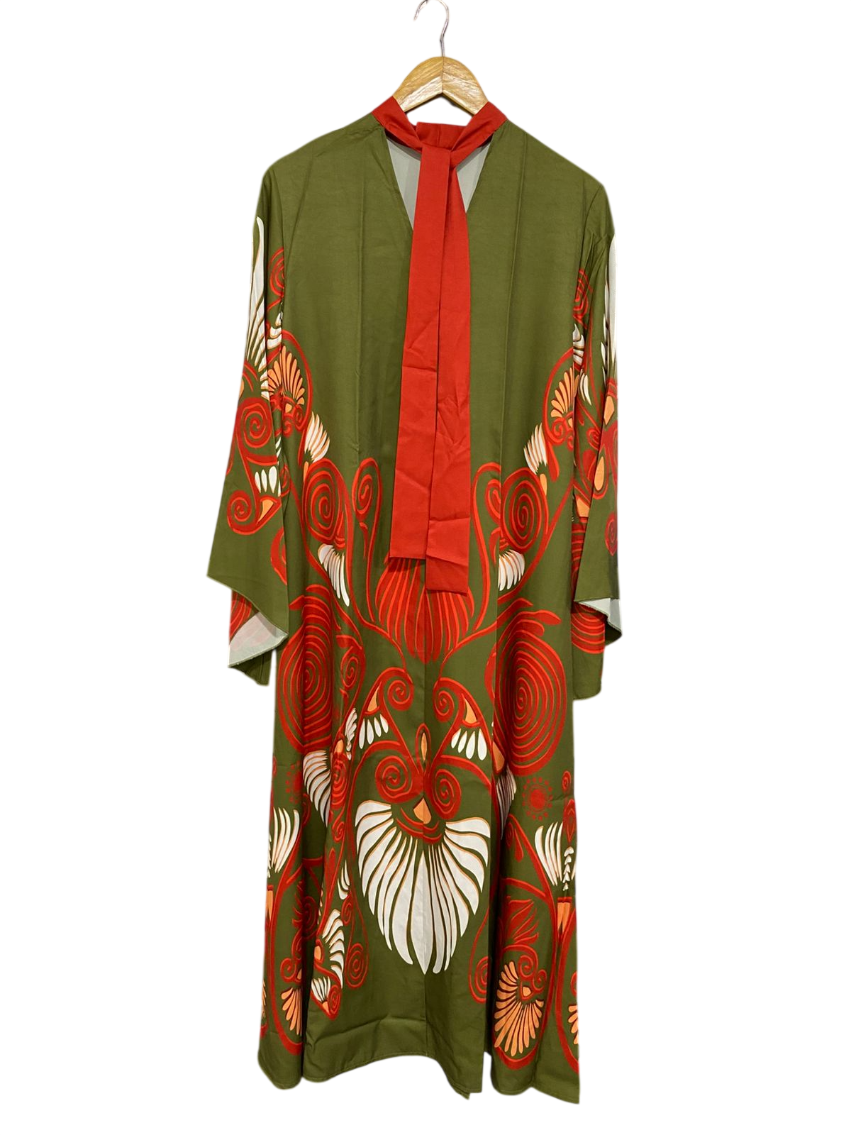 |L| BUST 21| A29| OLIVE GREEN & RED ABSTRACT SWIRL TIE-NECK LONG-SLEEVE MIDI DRESS