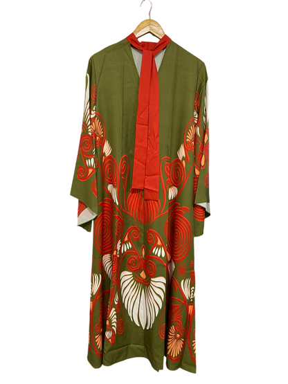 |L| BUST 21| A29| OLIVE GREEN & RED ABSTRACT SWIRL TIE-NECK LONG-SLEEVE MIDI DRESS