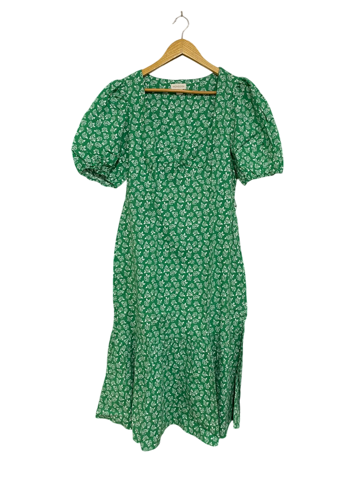 MONSOON |L| BUST 19| A29| GREEN & WHITE FLORAL SQUARE-NECK PUFF-SLEEVE MIDI DRESS