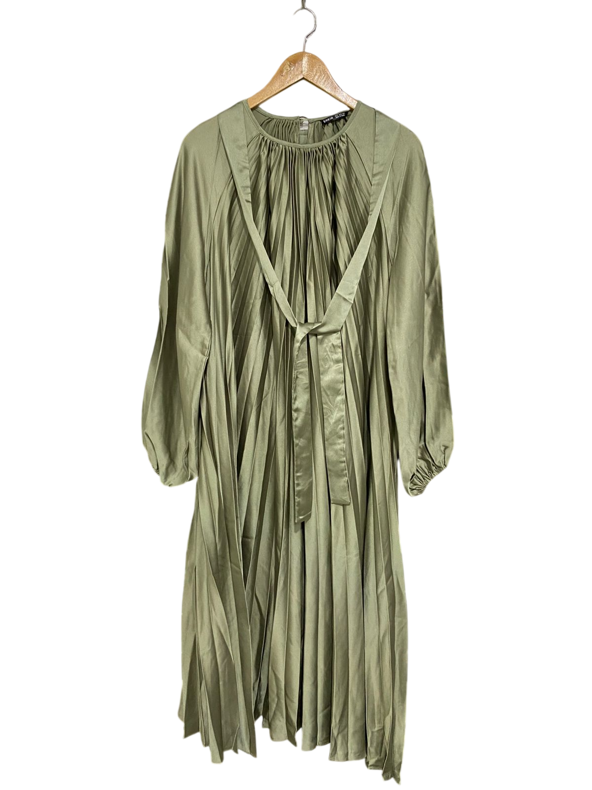 SHEIN |M| BUST FREE| A29| SAGE GREEN PLEATED TIE-WAIST LONG-SLEEVE MIDI DRESS