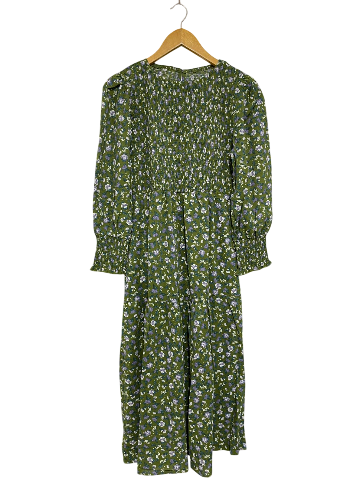 |S| BUST 16| A29| OLIVE GREEN & PURPLE FLORAL SMOCKED LONG-SLEEVE MIDI DRESS