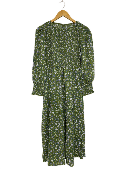 |S| BUST 16| A29| OLIVE GREEN & PURPLE FLORAL SMOCKED LONG-SLEEVE MIDI DRESS