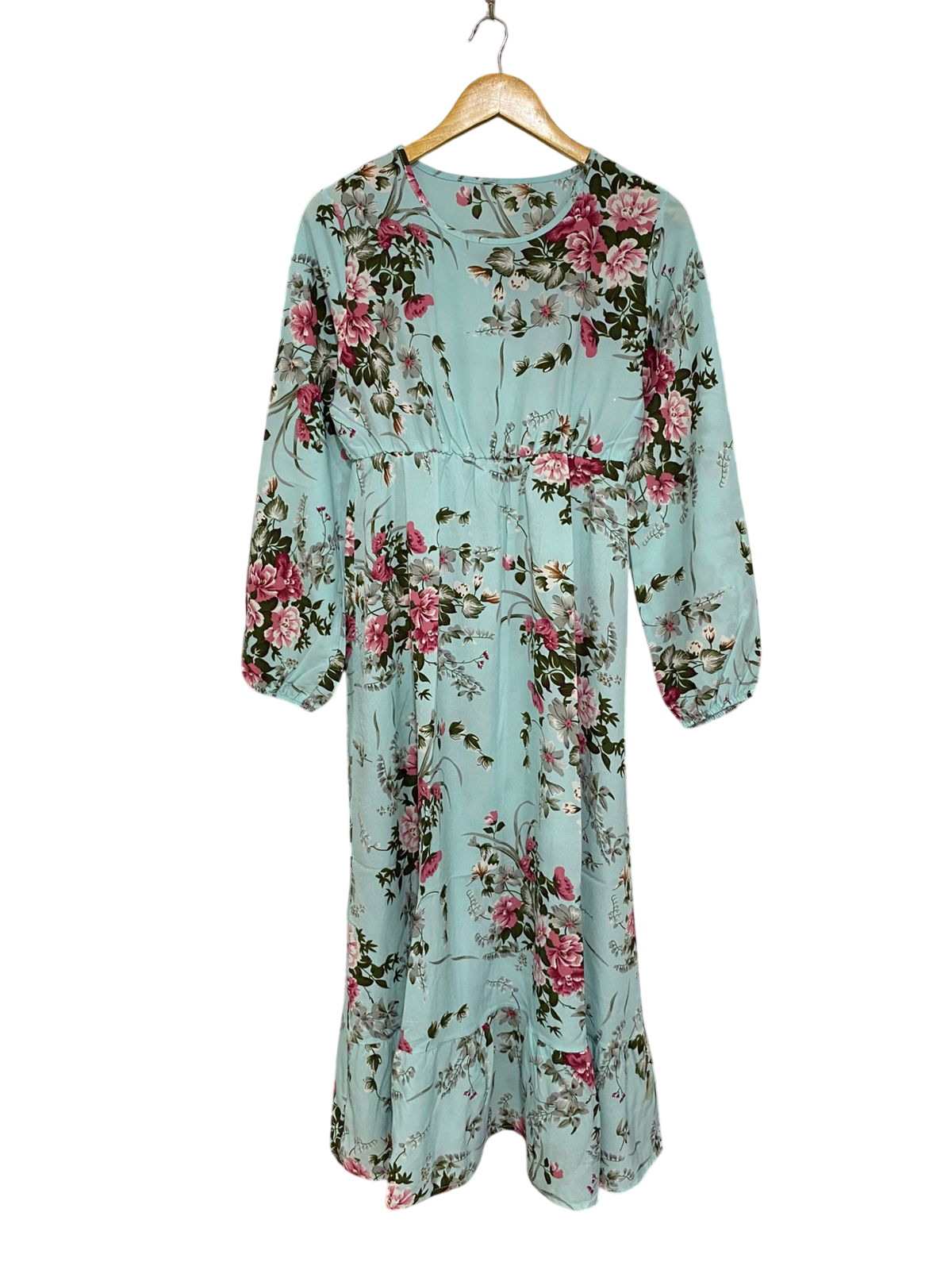 |M| BUST 17| A29| LIGHT BLUE & PINK FLORAL LONG-SLEEVE TIERED MIDI DRESS