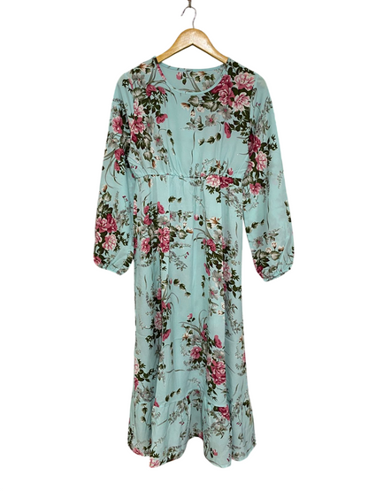 |M| BUST 17| A29| LIGHT BLUE & PINK FLORAL LONG-SLEEVE TIERED MIDI DRESS