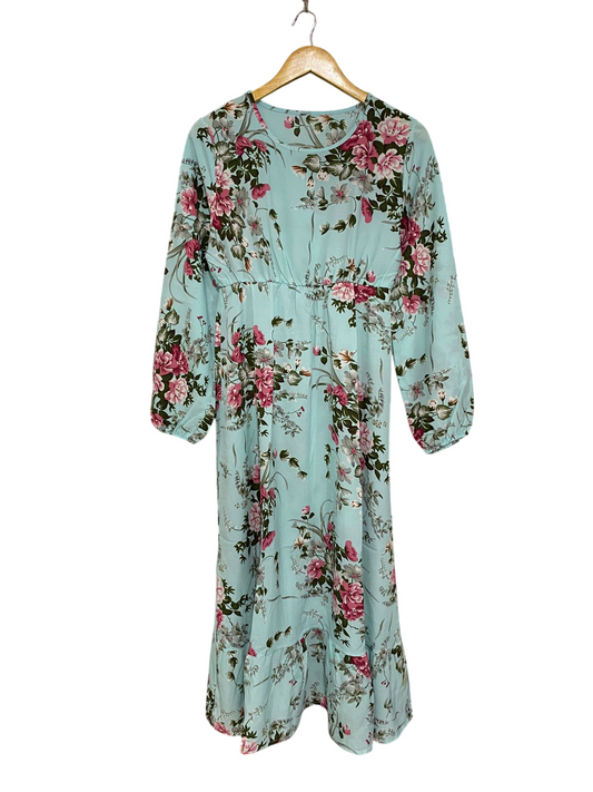|M| BUST 17| A29| LIGHT BLUE & PINK FLORAL LONG-SLEEVE TIERED MIDI DRESS