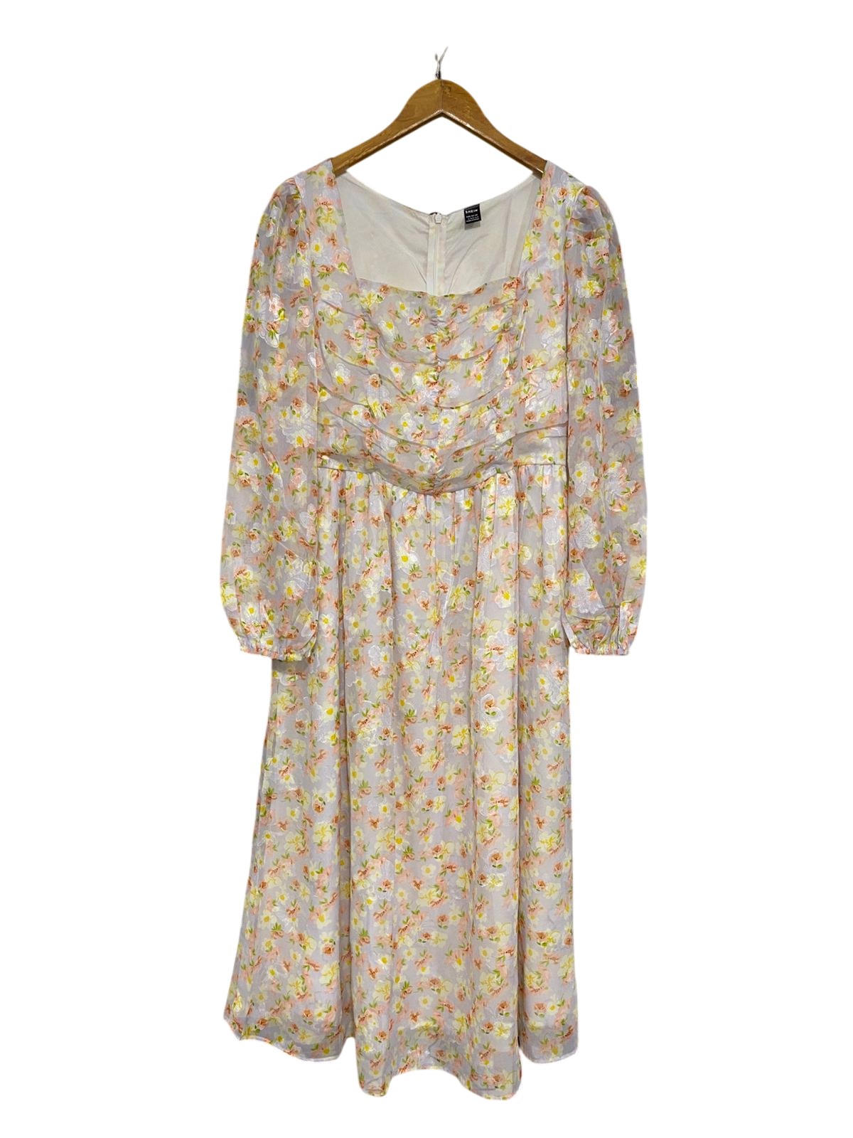 SHEIN |L| BUST 17| A29| LAVENDER & YELLOW FLORAL SQUARE-NECK LONG-SLEEVE MIDI DRESS