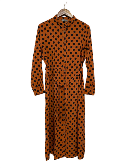 PAPAYA |L| BUST 19| A29| RUST ORANGE & BLACK POLKA DOT COLLARED TIE-WAIST MIDI SHIRT DRESS