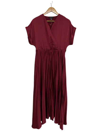 NEW LOOK |M| BUST FREE| A29| MAROON & BURGUNDY V-NECK PLEATED SHORT-SLEEVE MIDI DRESS