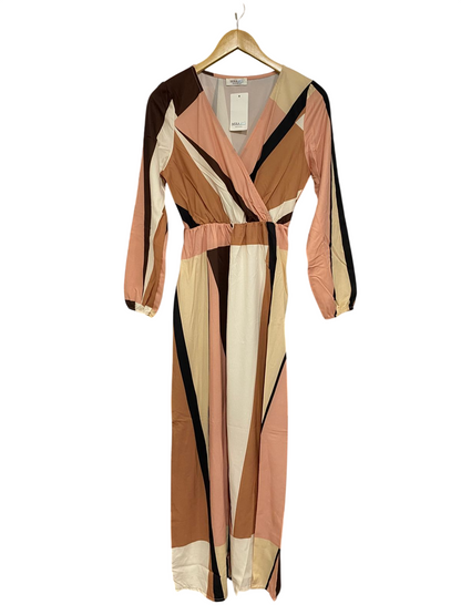 MIRA & CO |S| BUST 16| A29| GEOMETRIC COLOR-BLOCK V-NECK LONG-SLEEVE MIDI DRESS