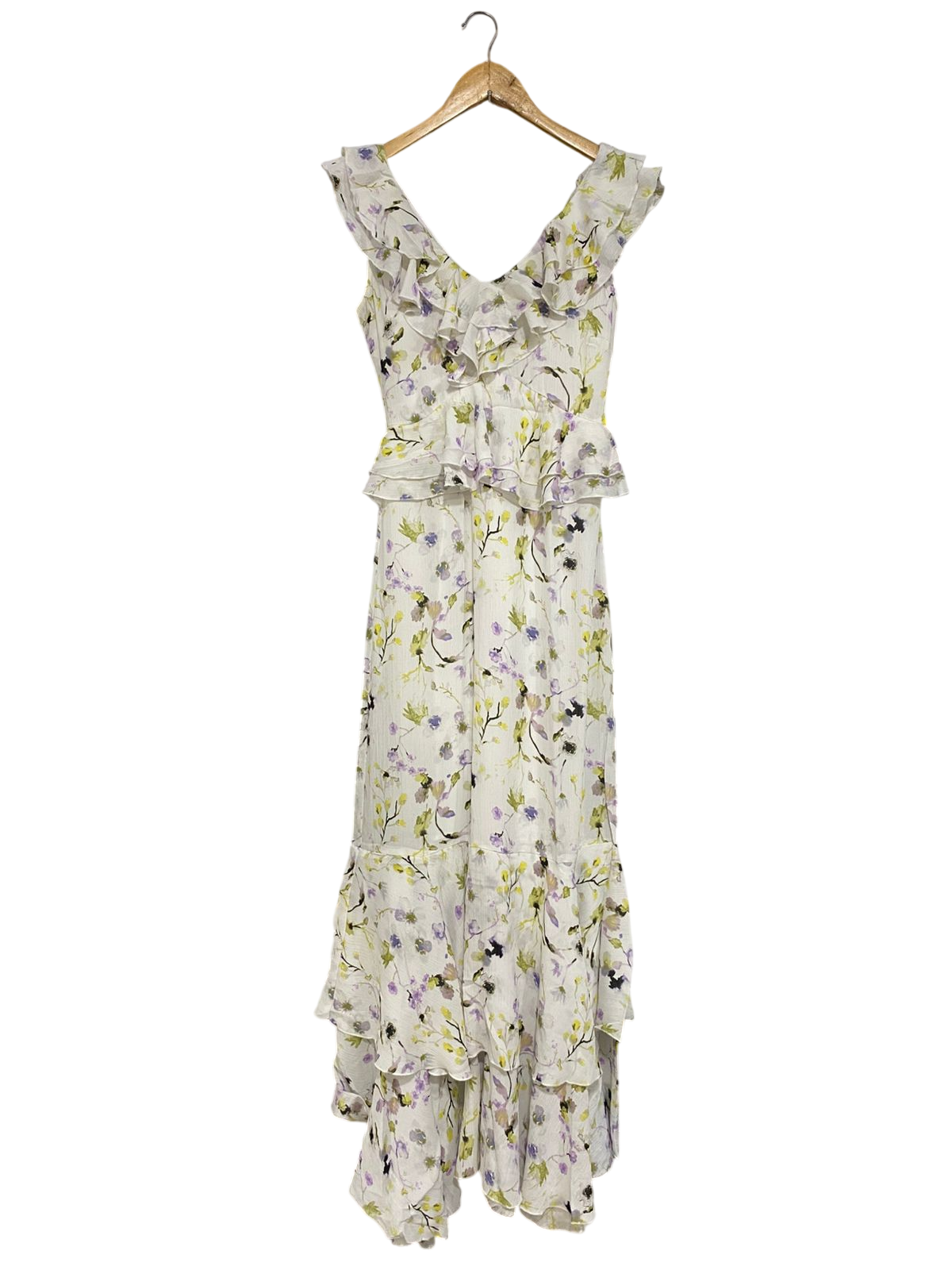 U |S| BUST 16| A29| WHITE & PASTEL FLORAL RUFFLED V-NECK MAXI DRESS