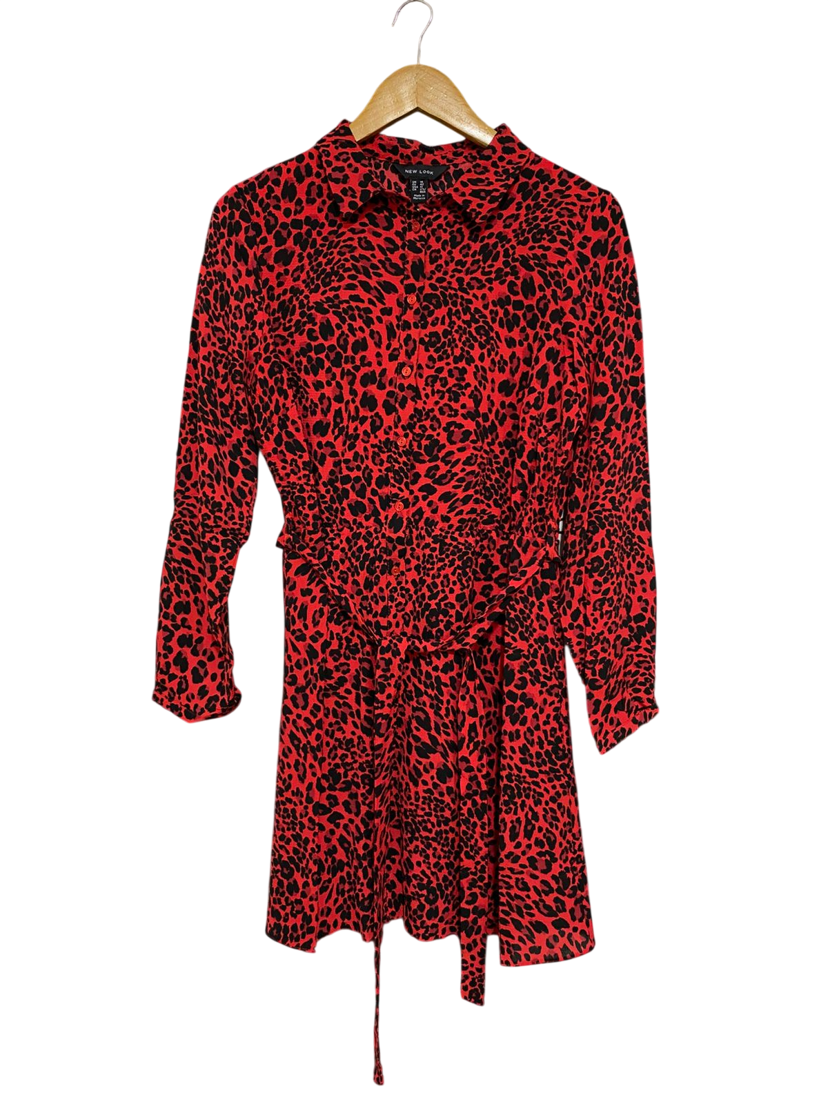 NEW LOOK |M| BUST 18| A29| RED & BLACK LEOPARD PRINT COLLARED TIE-WAIST MINI SHIRT DRESS
