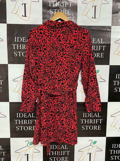 NEW LOOK |M| BUST 18| A29| RED & BLACK LEOPARD PRINT COLLARED TIE-WAIST MINI SHIRT DRESS