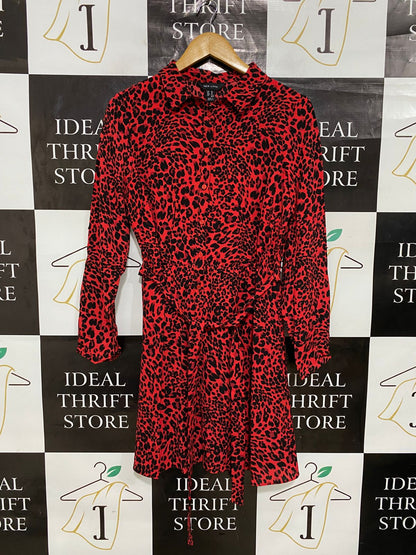 NEW LOOK |M| BUST 18| A29| RED & BLACK LEOPARD PRINT COLLARED TIE-WAIST MINI SHIRT DRESS