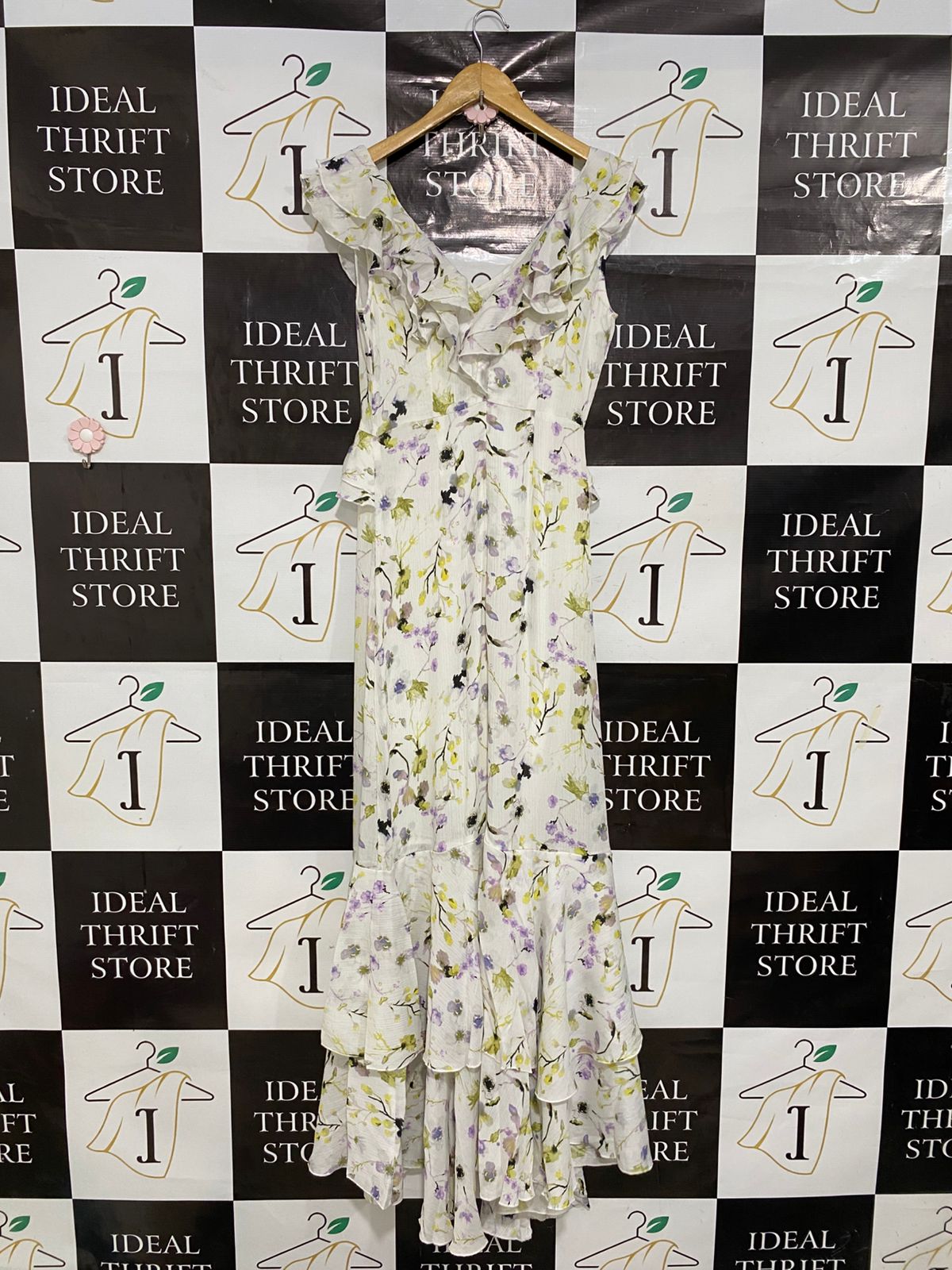 U |S| BUST 16| A29| WHITE & PASTEL FLORAL RUFFLED V-NECK MAXI DRESS