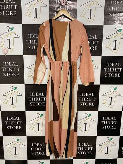 MIRA & CO |S| BUST 16| A29| GEOMETRIC COLOR-BLOCK V-NECK LONG-SLEEVE MIDI DRESS
