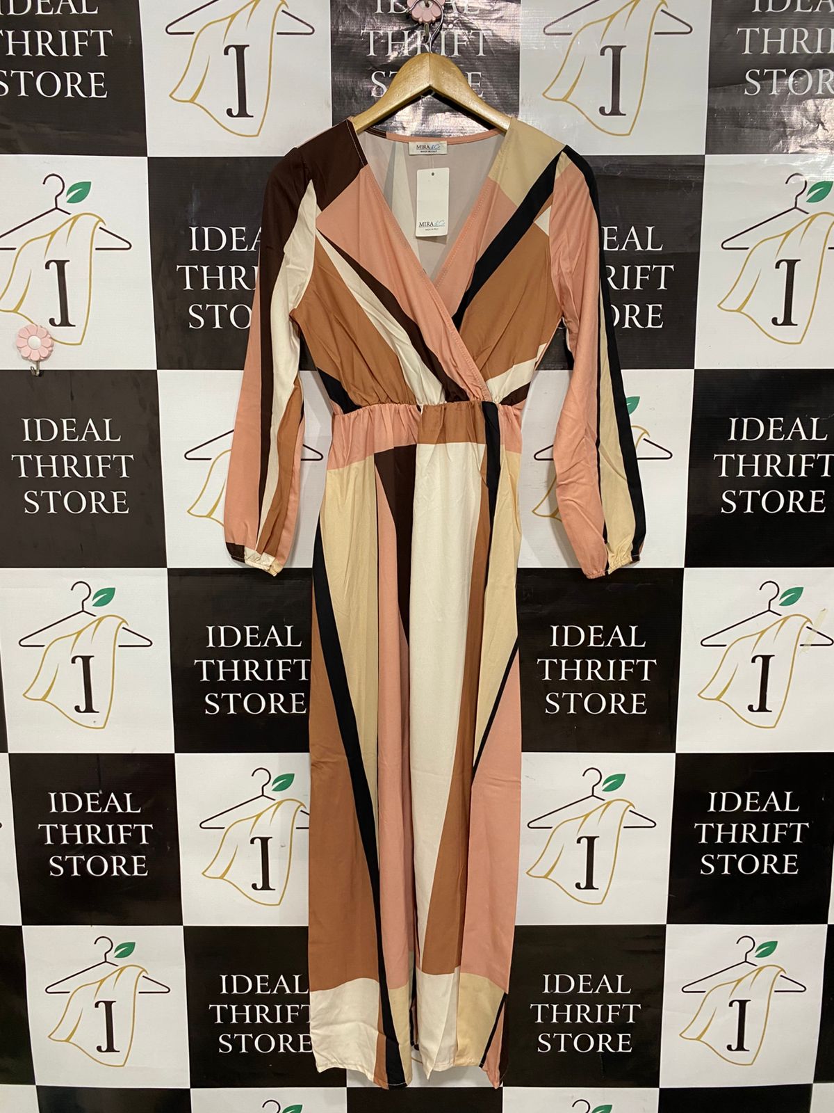 MIRA & CO |S| BUST 16| A29| GEOMETRIC COLOR-BLOCK V-NECK LONG-SLEEVE MIDI DRESS