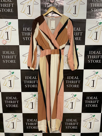 MIRA & CO |S| BUST 16| A29| GEOMETRIC COLOR-BLOCK V-NECK LONG-SLEEVE MIDI DRESS