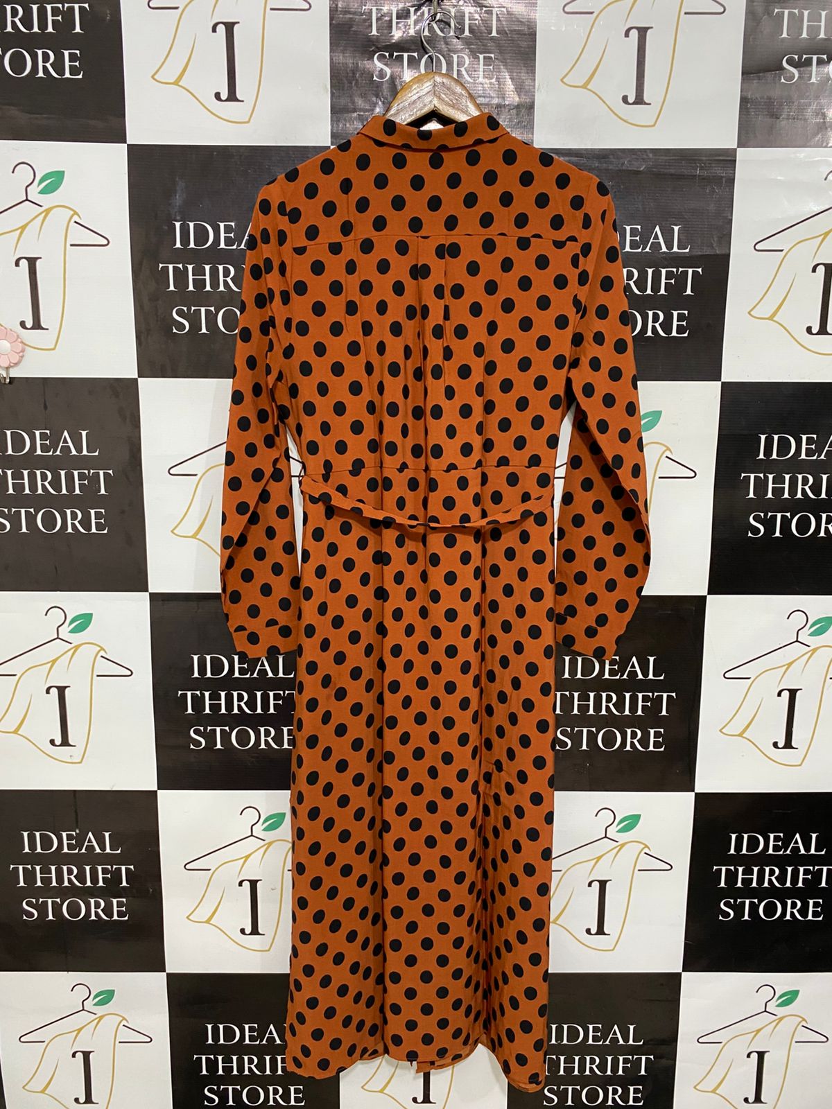 PAPAYA |L| BUST 19| A29| RUST ORANGE & BLACK POLKA DOT COLLARED TIE-WAIST MIDI SHIRT DRESS
