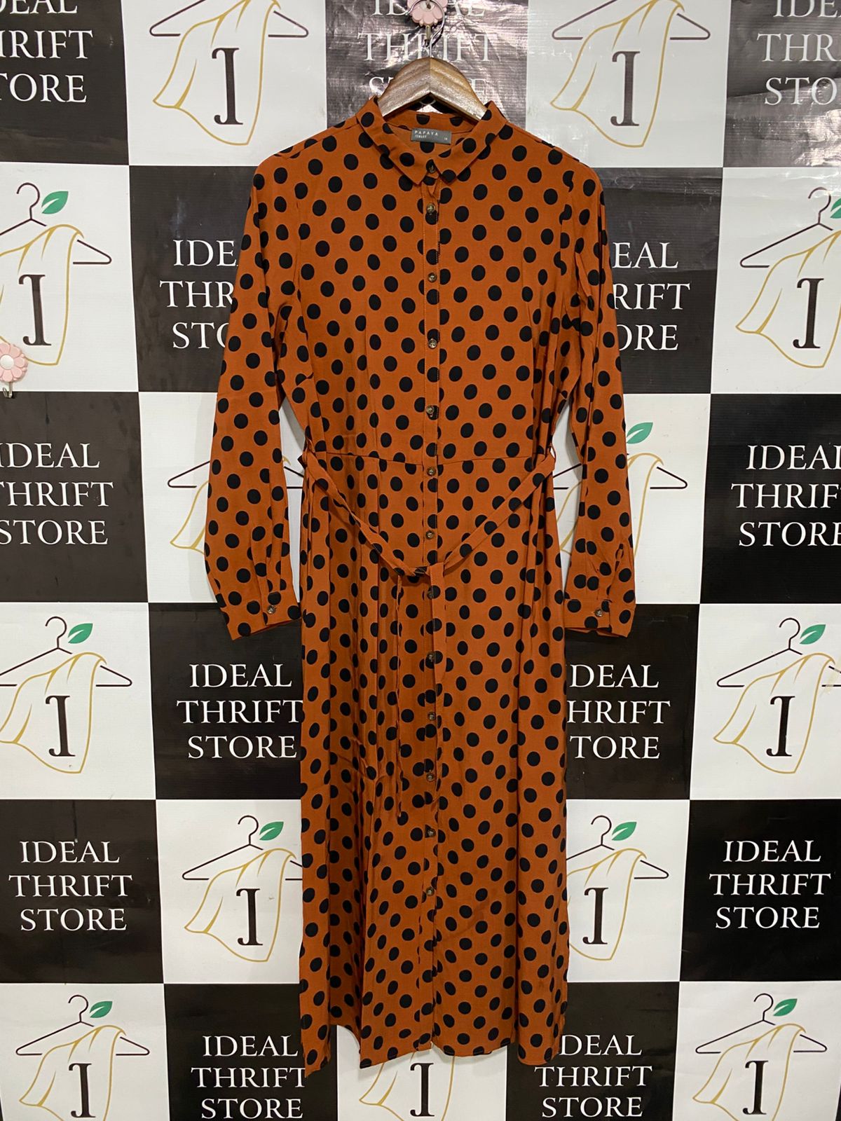 PAPAYA |L| BUST 19| A29| RUST ORANGE & BLACK POLKA DOT COLLARED TIE-WAIST MIDI SHIRT DRESS
