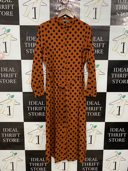 PAPAYA |L| BUST 19| A29| RUST ORANGE & BLACK POLKA DOT COLLARED TIE-WAIST MIDI SHIRT DRESS
