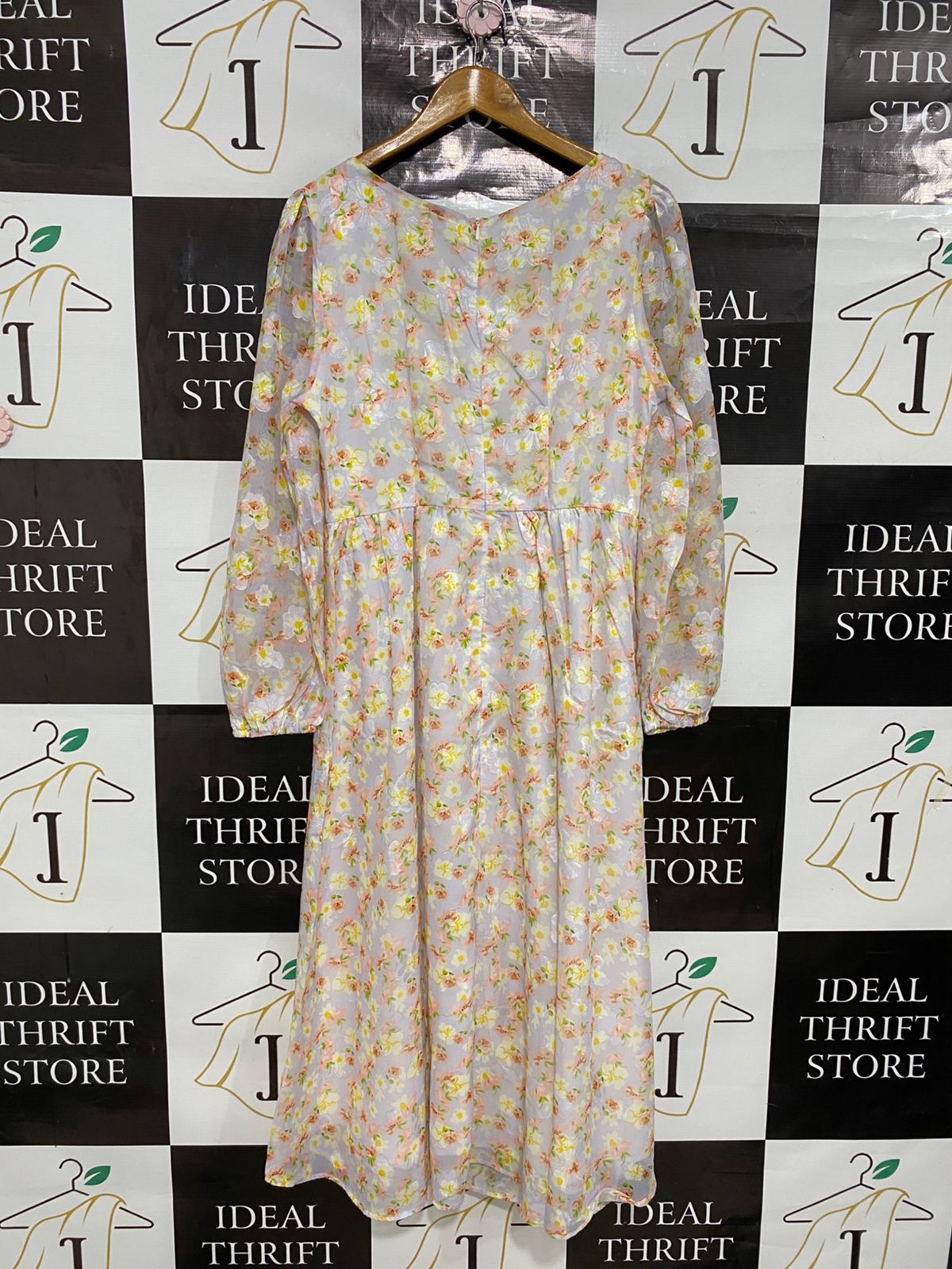 SHEIN |L| BUST 17| A29| LAVENDER & YELLOW FLORAL SQUARE-NECK LONG-SLEEVE MIDI DRESS