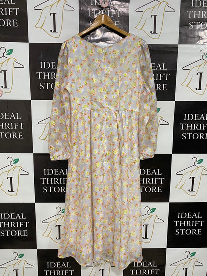 SHEIN |L| BUST 17| A29| LAVENDER & YELLOW FLORAL SQUARE-NECK LONG-SLEEVE MIDI DRESS