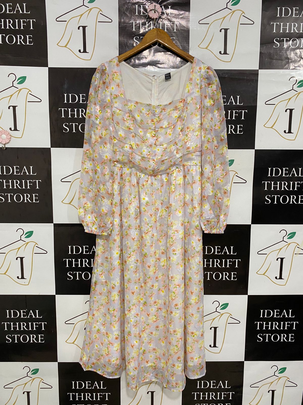 SHEIN |L| BUST 17| A29| LAVENDER & YELLOW FLORAL SQUARE-NECK LONG-SLEEVE MIDI DRESS
