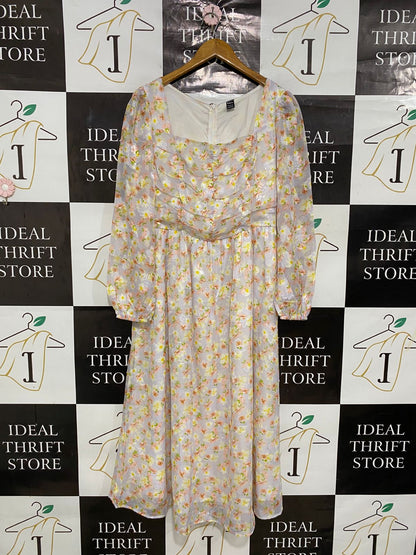 SHEIN |L| BUST 17| A29| LAVENDER & YELLOW FLORAL SQUARE-NECK LONG-SLEEVE MIDI DRESS
