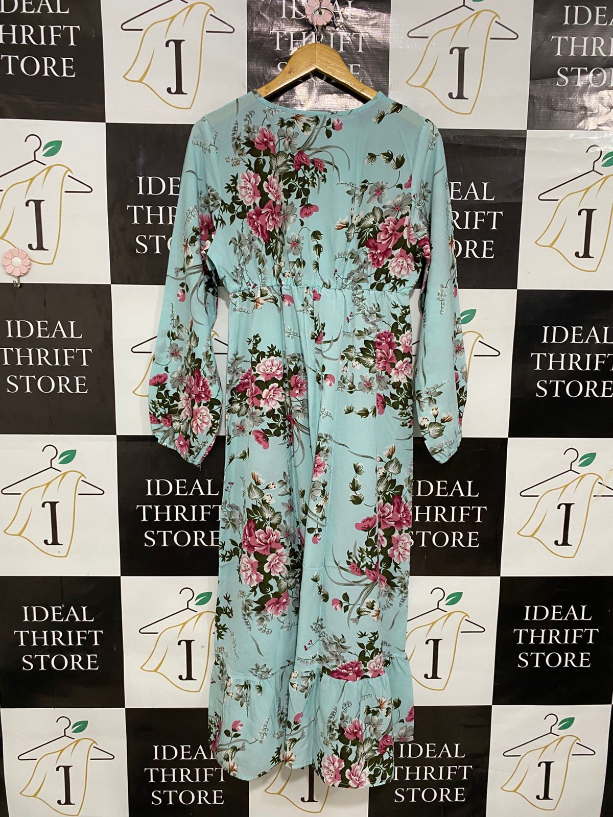 |M| BUST 17| A29| LIGHT BLUE & PINK FLORAL LONG-SLEEVE TIERED MIDI DRESS