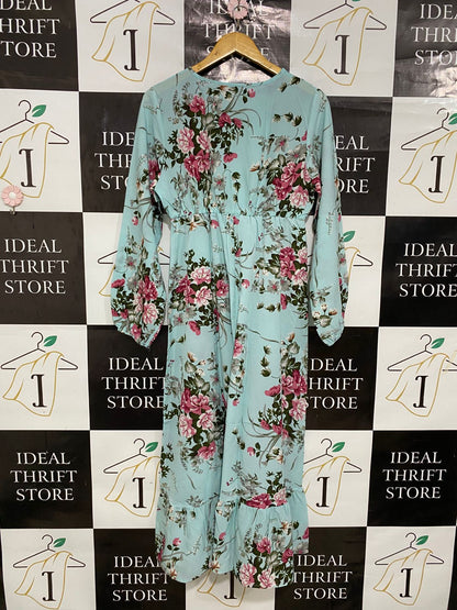 |M| BUST 17| A29| LIGHT BLUE & PINK FLORAL LONG-SLEEVE TIERED MIDI DRESS