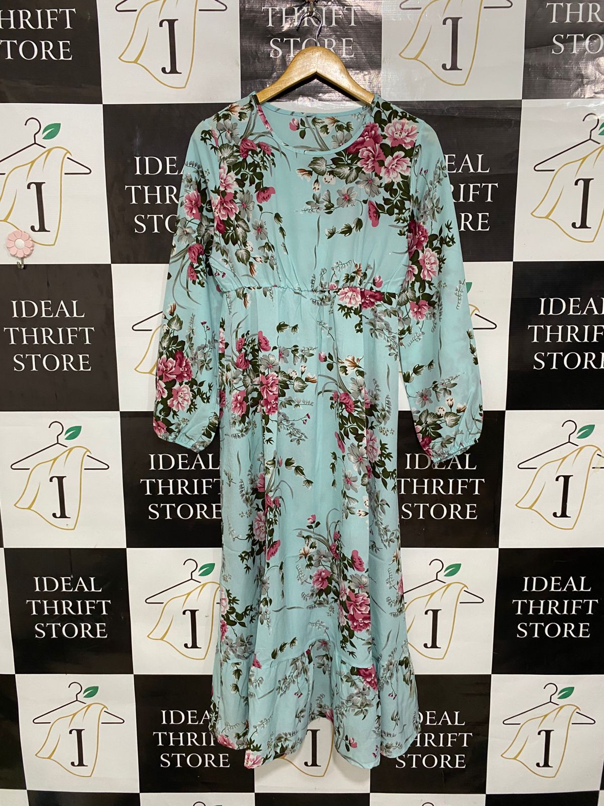 |M| BUST 17| A29| LIGHT BLUE & PINK FLORAL LONG-SLEEVE TIERED MIDI DRESS