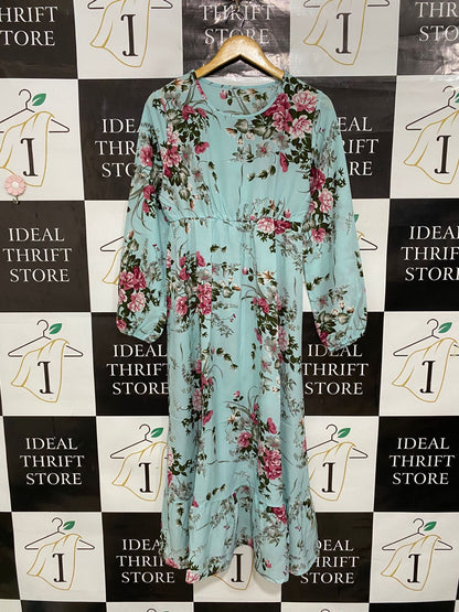 |M| BUST 17| A29| LIGHT BLUE & PINK FLORAL LONG-SLEEVE TIERED MIDI DRESS