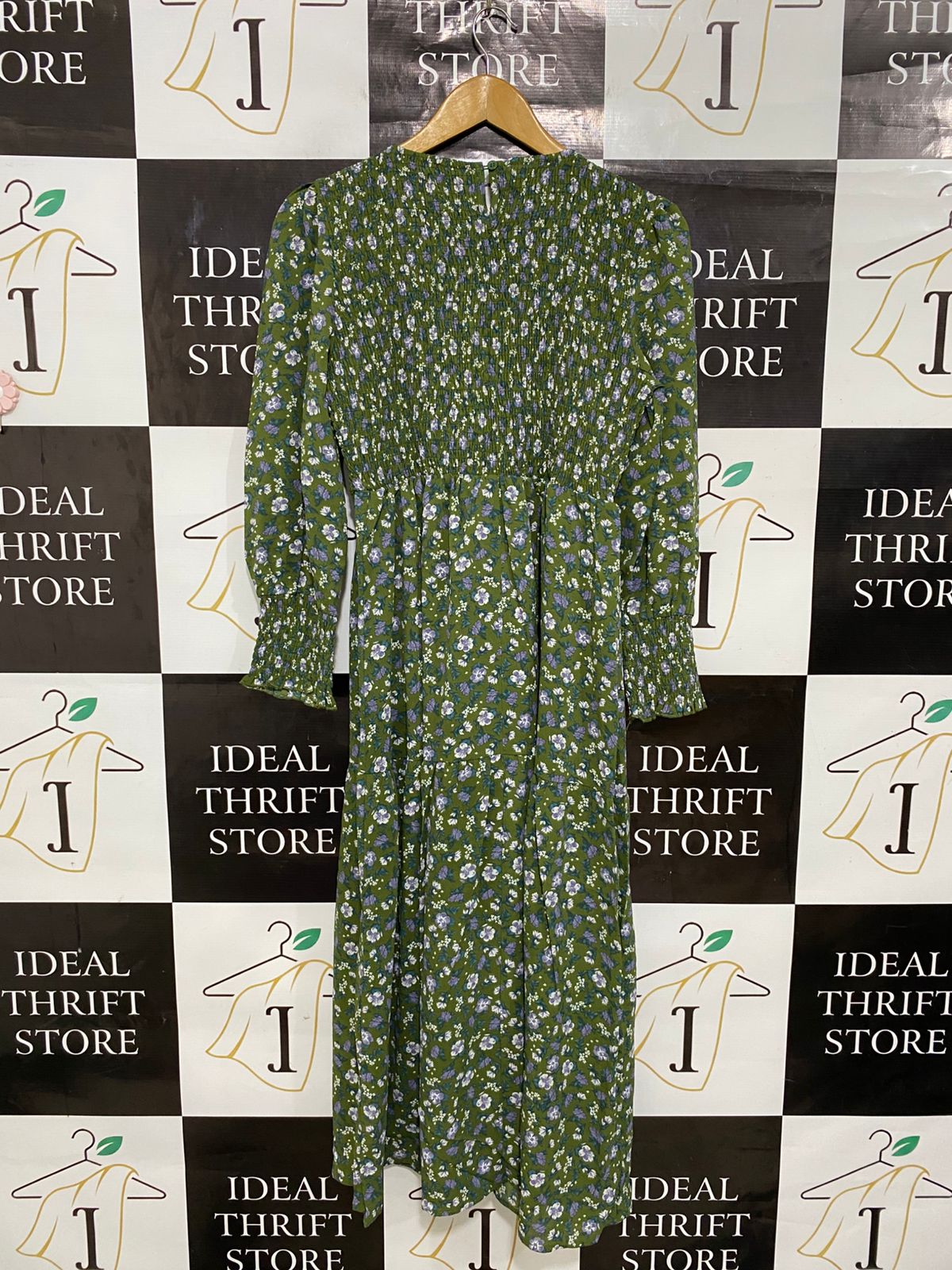 |S| BUST 16| A29| OLIVE GREEN & PURPLE FLORAL SMOCKED LONG-SLEEVE MIDI DRESS