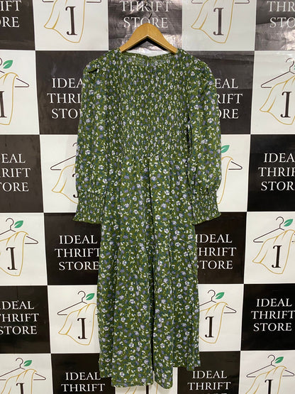 |S| BUST 16| A29| OLIVE GREEN & PURPLE FLORAL SMOCKED LONG-SLEEVE MIDI DRESS