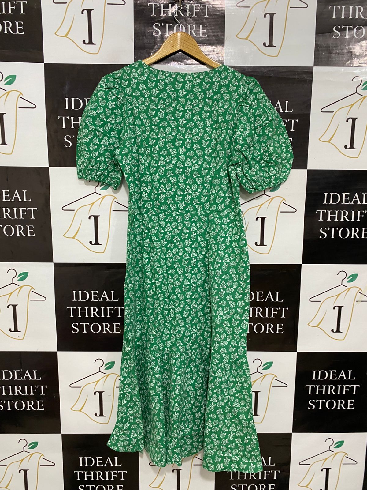 MONSOON |L| BUST 19| A29| GREEN & WHITE FLORAL SQUARE-NECK PUFF-SLEEVE MIDI DRESS