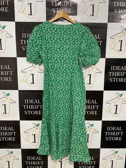 MONSOON |L| BUST 19| A29| GREEN & WHITE FLORAL SQUARE-NECK PUFF-SLEEVE MIDI DRESS