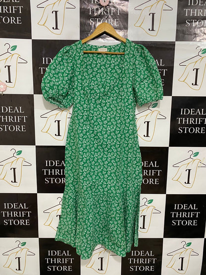 MONSOON |L| BUST 19| A29| GREEN & WHITE FLORAL SQUARE-NECK PUFF-SLEEVE MIDI DRESS