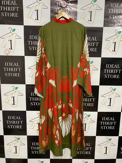 |L| BUST 21| A29| OLIVE GREEN & RED ABSTRACT SWIRL TIE-NECK LONG-SLEEVE MIDI DRESS