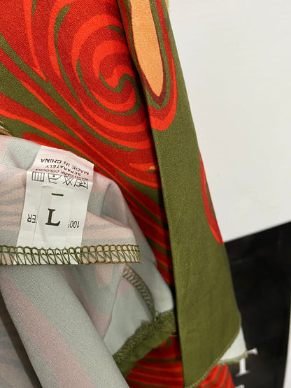 |L| BUST 21| A29| OLIVE GREEN & RED ABSTRACT SWIRL TIE-NECK LONG-SLEEVE MIDI DRESS
