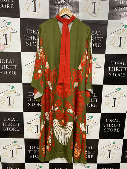 |L| BUST 21| A29| OLIVE GREEN & RED ABSTRACT SWIRL TIE-NECK LONG-SLEEVE MIDI DRESS